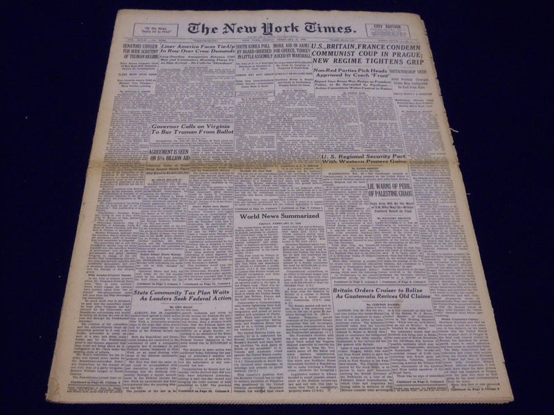 1948 FEB 27 NEW YORK TIMES NEWSPAPER U. S BRITAIN FRANCE CONDEMN COMMUNIST- NT57