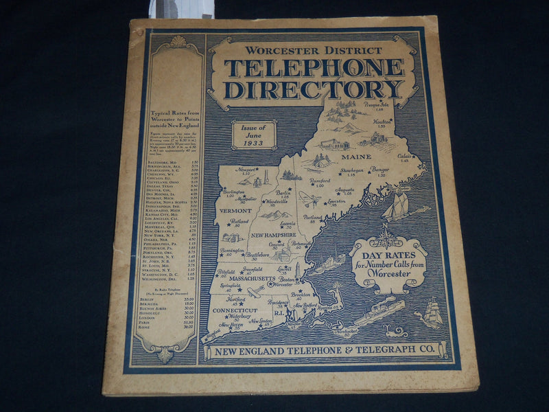 1933 JUNE WORCESTER DISTRICT TELEPHONE DIRECTORY BOOK - J 8804