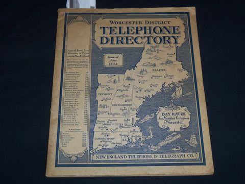 1933 JUNE WORCESTER DISTRICT TELEPHONE DIRECTORY BOOK - J 8804