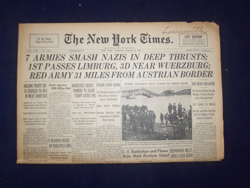 1945 MARCH 27 NEW YORK TIMES - 7 ARMIES SMASH NAZIS IN DEEP THRUSTS - NP 6678