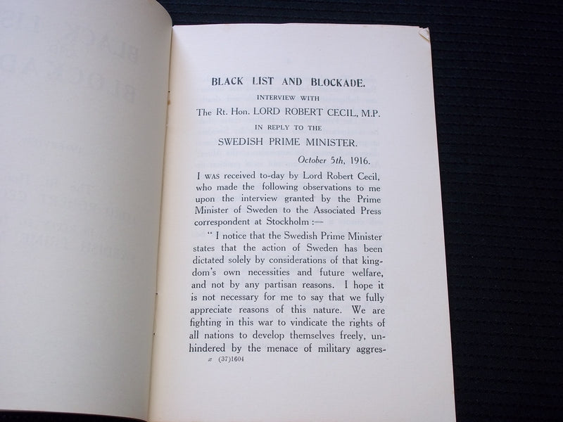 1916 BLACK LIST AND BLOCKADE SOFTCOVER BOOK BY LORD ROBERT CECIL - J 7160