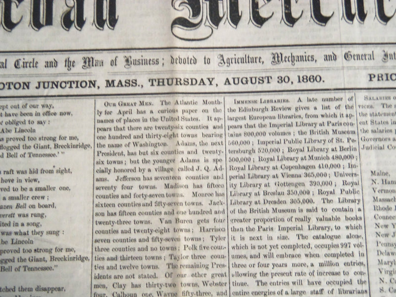 1860 AUGUST 30 RAILROAD MERCURY - LINCOLN - GROTON JUNCTION MASS - NP 614I