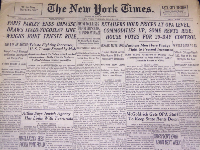1946 JULY 2 NEW YORK TIMES - BIKINI TOLL RISES TO FIVE SHIPS SUNK - NT 2238