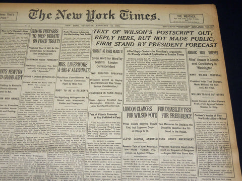 1920 FEBRUARY 19 NEW YORK TIMES - TEXT OF WILSON'S POSTSCRIPT OUT - NT 7884