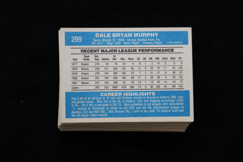 DALE MURPHY 1982 DONRUSS BASEBALL CARDS - #299 - NM-MT - LOT OF 50 - #152