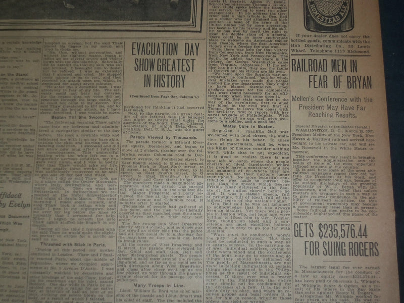 1907 MARCH 19 THE BOSTON HERALD - EVACUATION DAY SHOW GREATEST IN HISTORY- BH 13