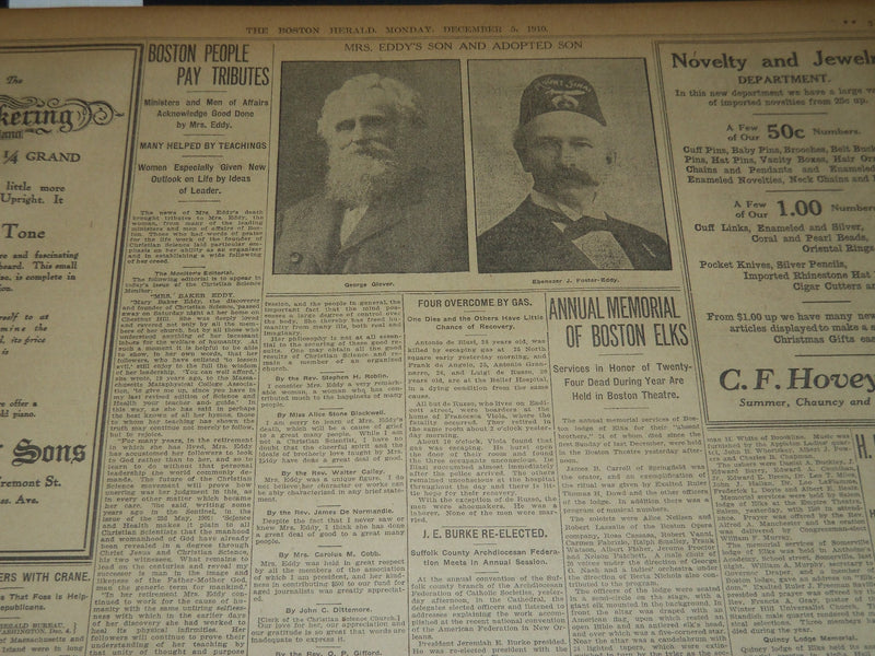 1910 DECEMBER 5 THE BOSTON HERALD - MARY BAKER EDDY PASSES AWAY - BH 280