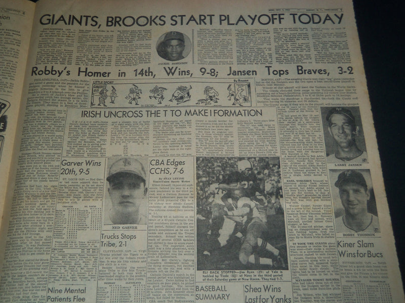 1951 OCTOBER 1 ALBANY TIMES UNION NEWSPAPER - GIANTS DODGERS TIED - NT 7596