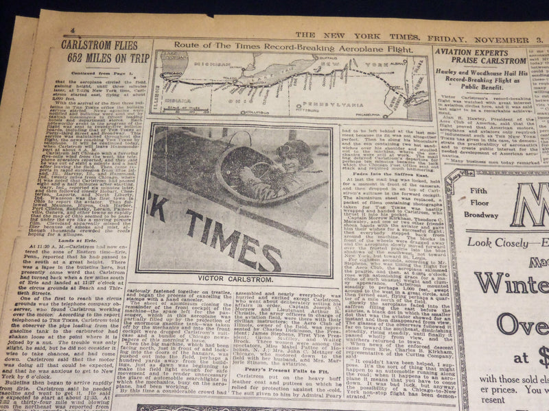 1916 NOVEMBER 3 NEW YORK TIMES - CARLSTROM FLIES 652 MILES FROM CHICAGO- NT 7682