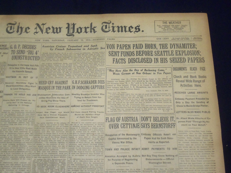 1916 JANUARY 15 NEW YORK TIMES - VAN PAPEN PAID HORN, THE DYNAMITER - NT 9060