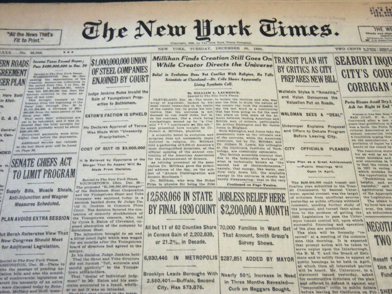 1930 DECEMBER 30 NEW YORK TIMES - MILLIKAN FINDS CREATION STILL GOES ON- NT 5717