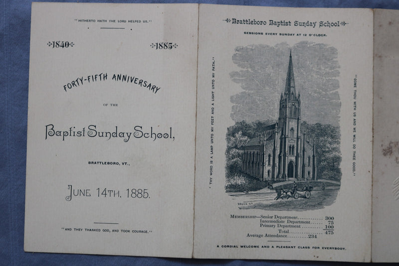 1885 JUNE 14 BRATTLEBORO BAPTIST SUNDAY SCHOOL ANNIVERSARY PROGRAM - K 2743