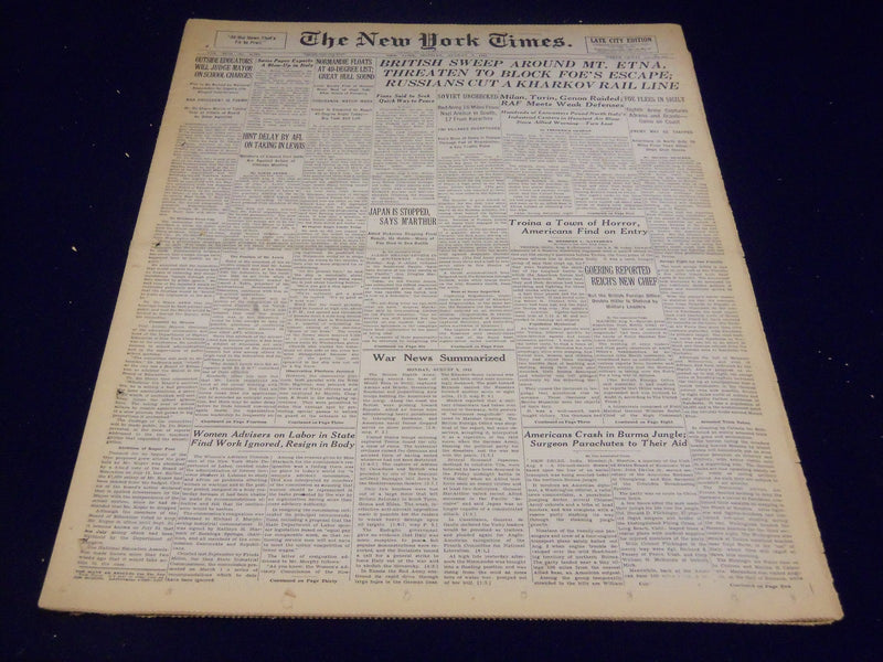 1943 AUGUST 9 NEW YORK TIMES - BRITISH SWEEP AROUND MT. ETNA - NT 1771