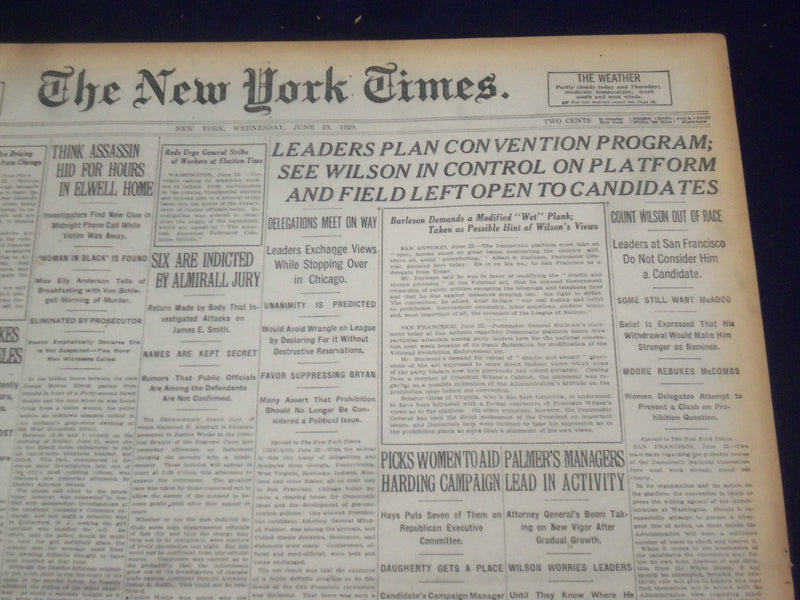 1920 JUNE 23 NEW YORK TIMES - LEADERS PLAN CONVENTION PROGRAM - NT 9123