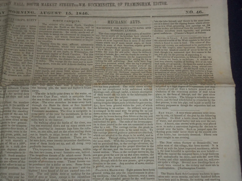 1846 AUGUST 15 MASSACHUSETTS PLOUGHMAN - SAW MILLS - OREGON TREATY - NP 5128