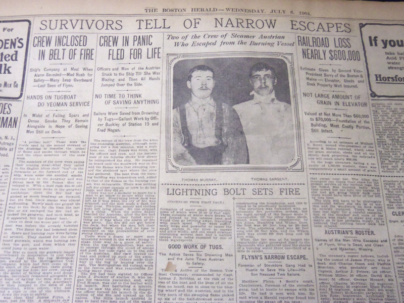 1904 JULY 6 THE BOSTON HERALD - LIGHTENING BOLTS SET FIRE TO WHARF - BH 383