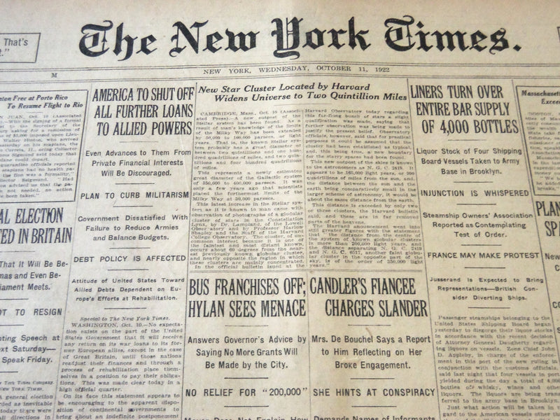 1922 OCTOBER 11 NEW YORK TIMES - NEW STAR CLUSTER WIDENS UNIVERSE - NT 5814