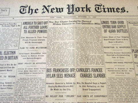 1922 OCTOBER 11 NEW YORK TIMES - NEW STAR CLUSTER WIDENS UNIVERSE - NT 5814