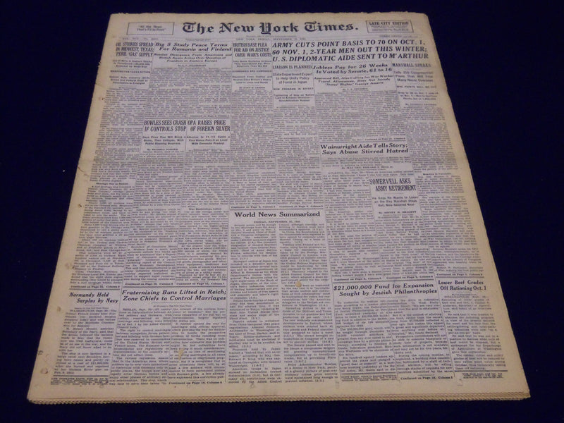 1945 SEPT 21 NEW YORK TIMES - ARMY CUTS POINT BASIS TO 70 ON OCT 1ST - NT 288