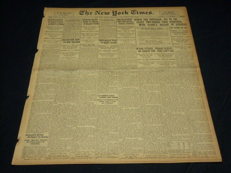 1918 JANUARY 11 NEW YORK TIMES - HOUSE FOR SUFFRAGE 274 TO 136 - NT 7920