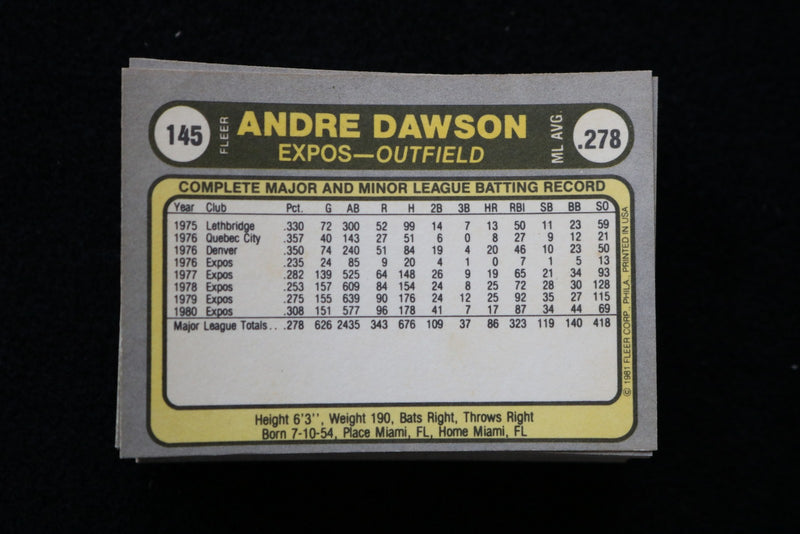 ANDRE DAWSON 1981 FLEER BASEBALL CARDS - CARD #145 - NM-MT - LOT OF 53 - #10