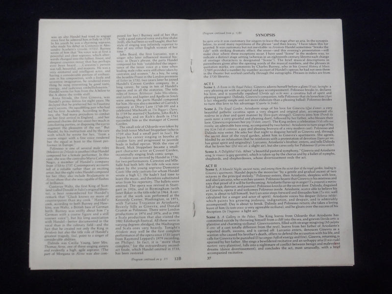 1985 JAN 27 ARIODANTE SIGNED PROGRAM - DIMITRI KAVRAKOS-JUNE ANDERSON + 2 OTHERS