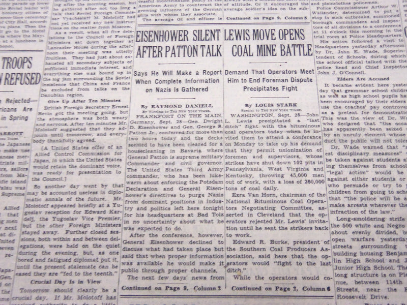 1945 SEPT 29 NEW YORK TIMES - EISENHOWER SILENT AFTER PATTON TALK - NT 299