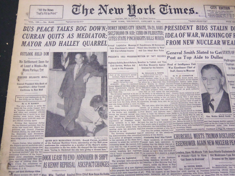 1953 JANUARY 8 NEW YORK TIMES - BUS TALKS BOG DOWN CURRAN QUITS - NT 4702