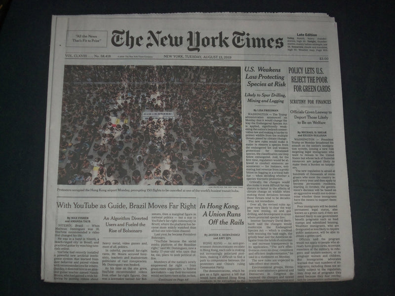 2019 AUGUST 13 NEW YORK TIMES - IN HONG KONG, A UNION RUNS OFF THE RAILS