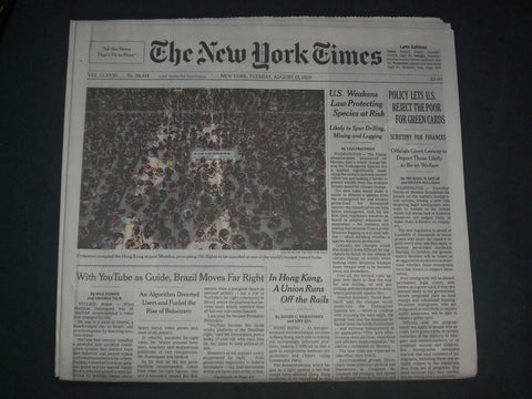 2019 AUGUST 13 NEW YORK TIMES - IN HONG KONG, A UNION RUNS OFF THE RAILS