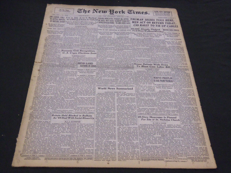 1946 FEBRUARY 6 NEW YORK TIMES - TRUMAN SEIZES TUGS HERE - NT 4228