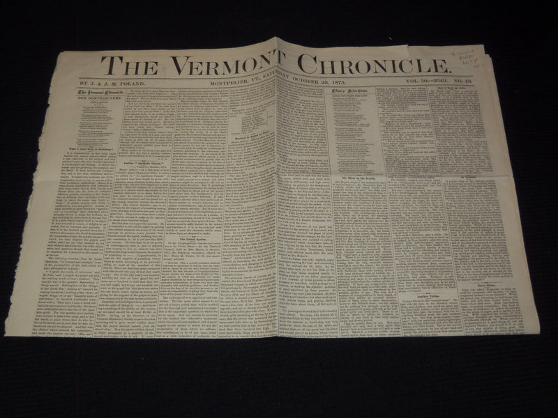 1875 OCTOBER 23 THE VERMONT CHRONICLE NEWSPAPER - MONTPELIER - NP 2152L