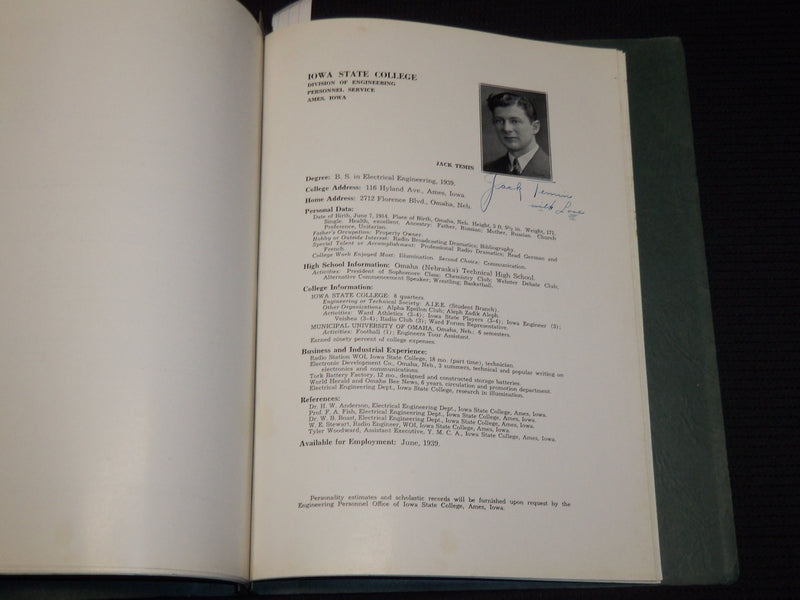 1939 IOWA STATE COLLEGE ENGINEERING PERSONNEL SERVICE - SIGNATURES - J 9999D