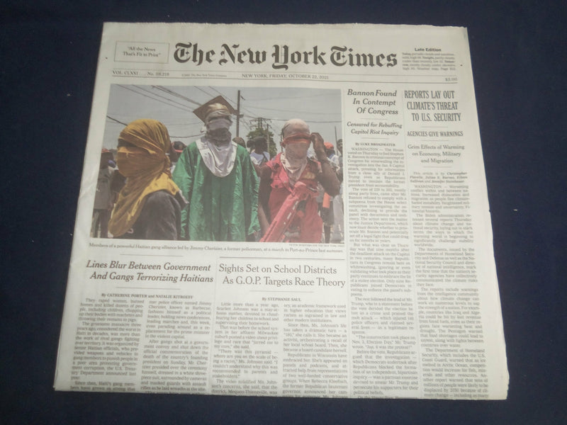 2021 OCTOBER 22 NEW YORK TIMES - BANNON FOUND IN CONTEMPT OF CONGRESS