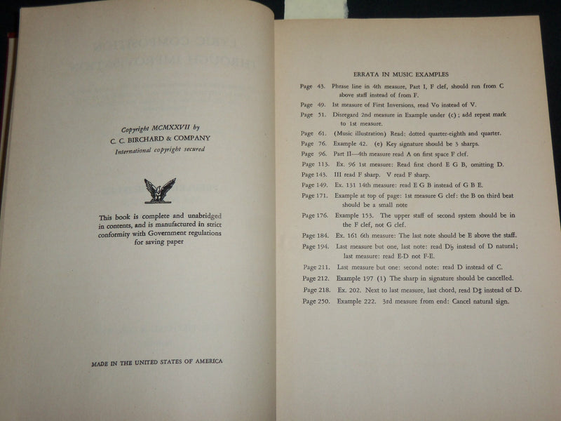 1927 LYRIC COMPOSITION THROUGH IMPROVISATION HARDCOVER BOOK - KD 6950