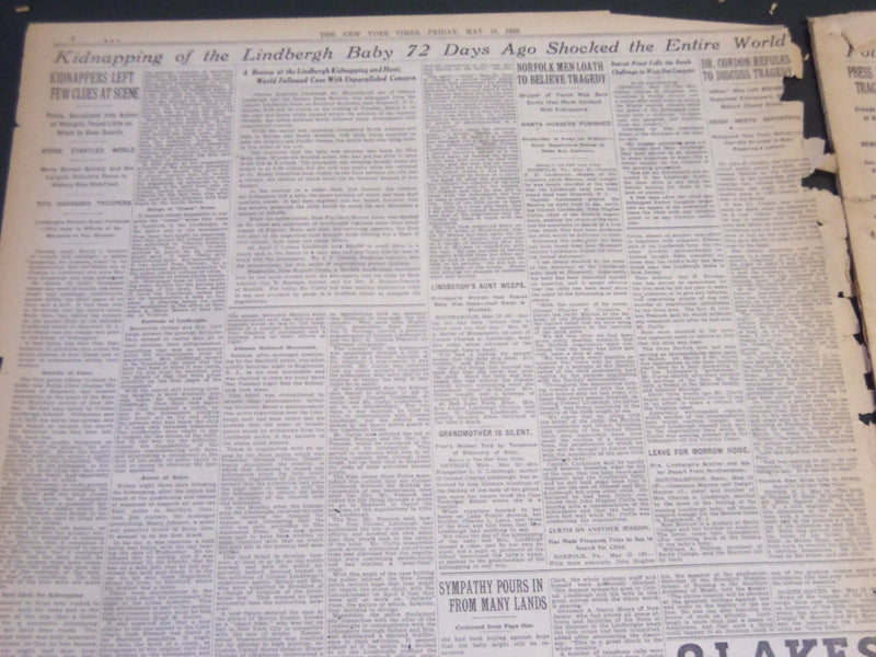 1932 MAY 13 NEW YORK TIMES - LINDBERGH BABY FOUND DEAD NEAR HOME - NT 6184