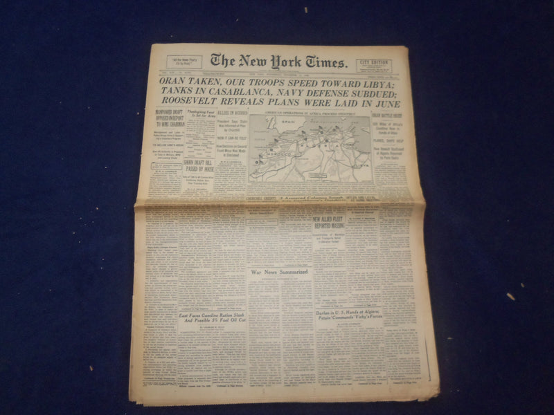 1942 NOV 11 NEW YORK TIMES - ORAN TAKEN, OUR TROOPS SPEED TOWARD LIBYA - NP 6516
