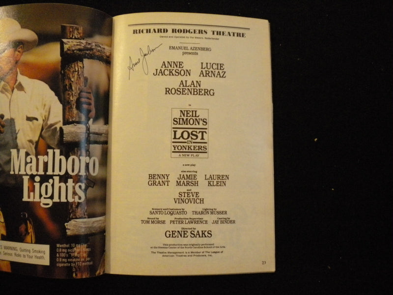 1992 LOST IN YONKERS PLAYBILL - ANNE JACKSON SIGNATURE - J 8249