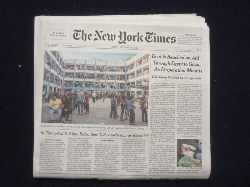 2023 OCTOBER 20 NEW YORK TIMES - DEAL IS REACHED ON AID THROUGH EGYPT TO GAZA