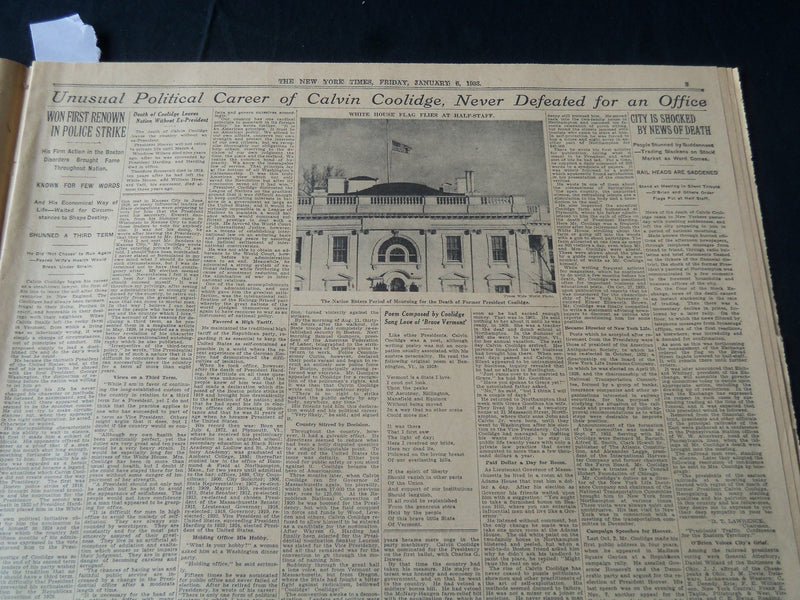 1933 JANUARY 6 NEW YORK TIMES - COOLIDGE DIES SUDDENLY NORTHAMPTON HOME- NT 7221