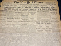 1921 JULY 3 NEW YORK TIMES - DEMPSEY KNOCKS OUT CARPENTIER IN 4TH ROUND- NT 8694