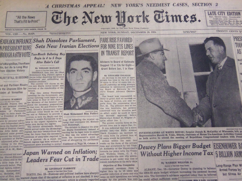 1953 DECEMBER 20 NEW YORK TIMES - SHAH DISSOLVES PARLIAMENT - NT 4619