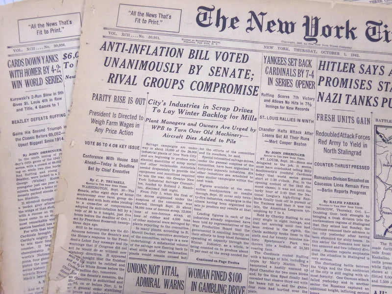 1942 WORLD SERIES YANKEES DEFEAT CARDINALS 4-1 NEW YORK TIMES NEWSPAPER LOT OF 4