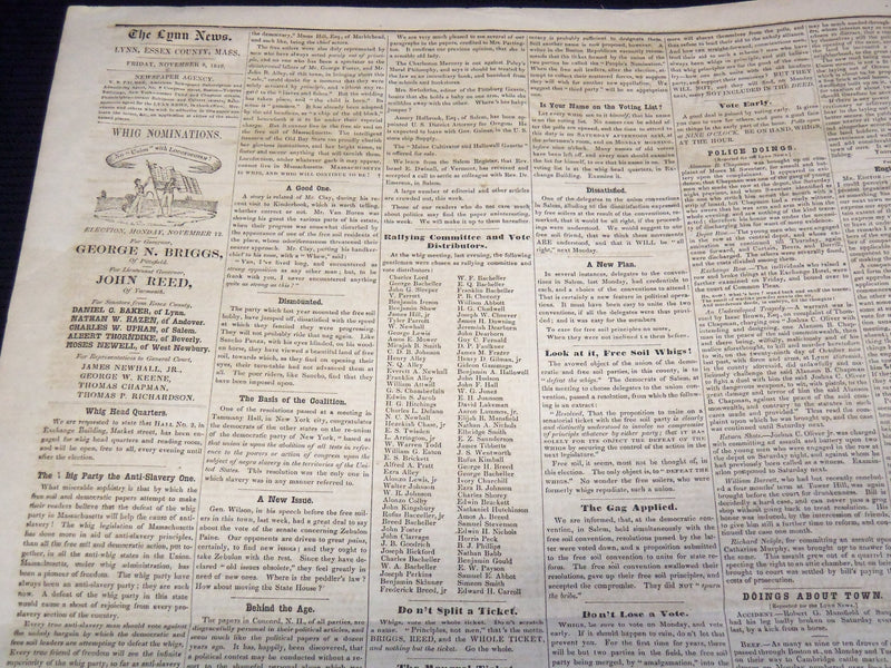 1849 NOVEMBER 9 LYNN NEWS NEWSPAPER - WIG NOMINATIONS - MASSACHUSETTS - NP 4252P