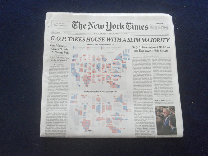 2022 NOVEMBER 17 NEW YORK TIMES - G.O.P. TAKES HOUSE WITH A SLIM MAJORITY