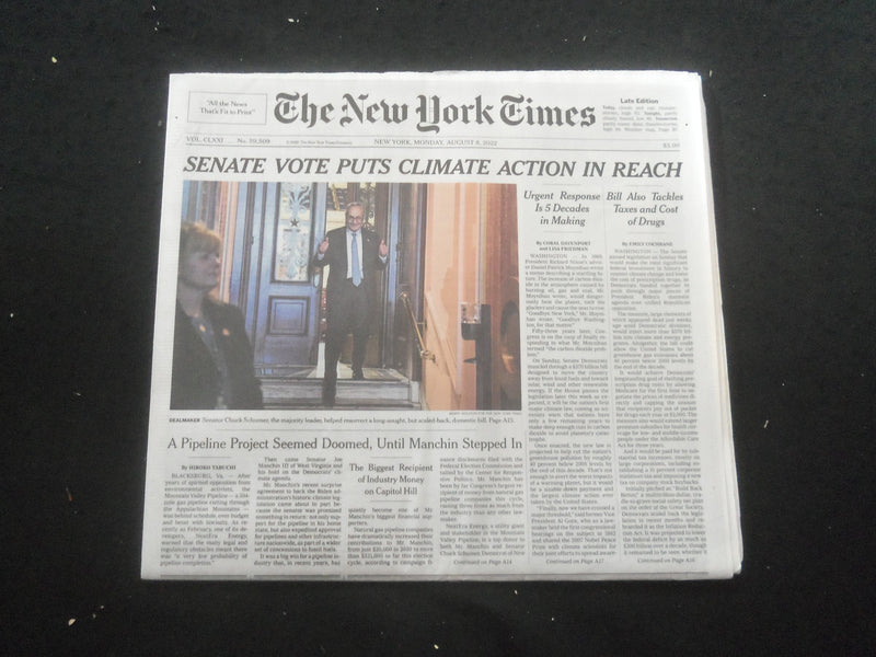 2022 AUGUST 8 NEW YORK TIMES - SENATE VOTE PUTS CLIMATE ACTION IN REACH