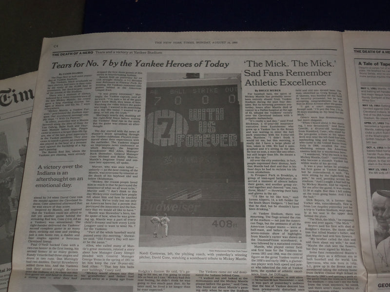 1995 AUG 14 THE NEW YORK TIMES-MICKEY MANTLE DIED- LOSES CANCER BATTLE - NP 3019