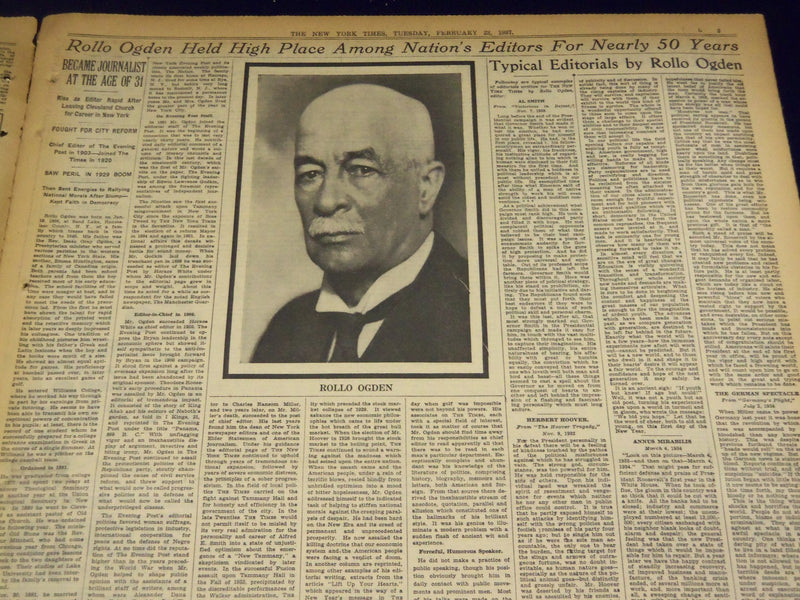1937 FEB 23 NEW YORK TIMES - ROLLO OGDEN DEAD EDITOR OF THE TIMES - NT 1298