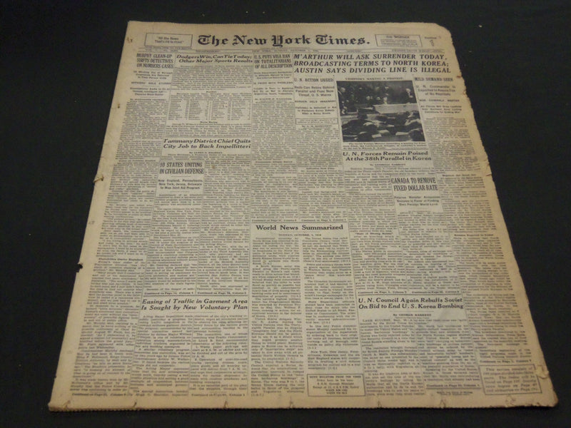 1950 OCTOBER 1 NEW YORK TIMES - M'ARTHUR WILL ASK SURRENDER TODAY - NT 4577