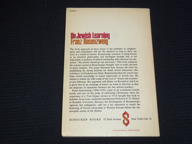 1965 ON JEWISH LEARNING SOFTCOVER BOOK BY FRANZ ROSENZWEIG - KD 4270E